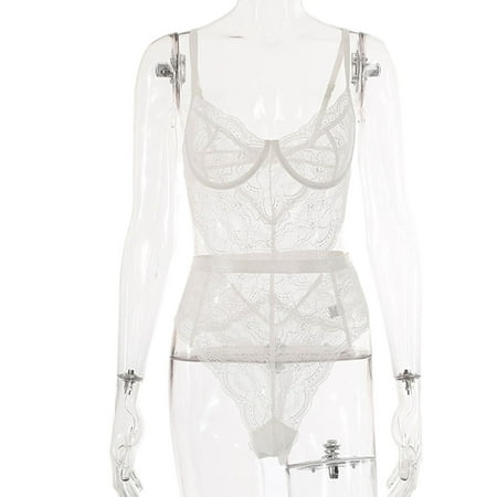 

Frontwalk Ladies Lingerie Deep V Bodysuit See Through Sleepwear Women Sexy Nightwear Lace Babydoll White XL