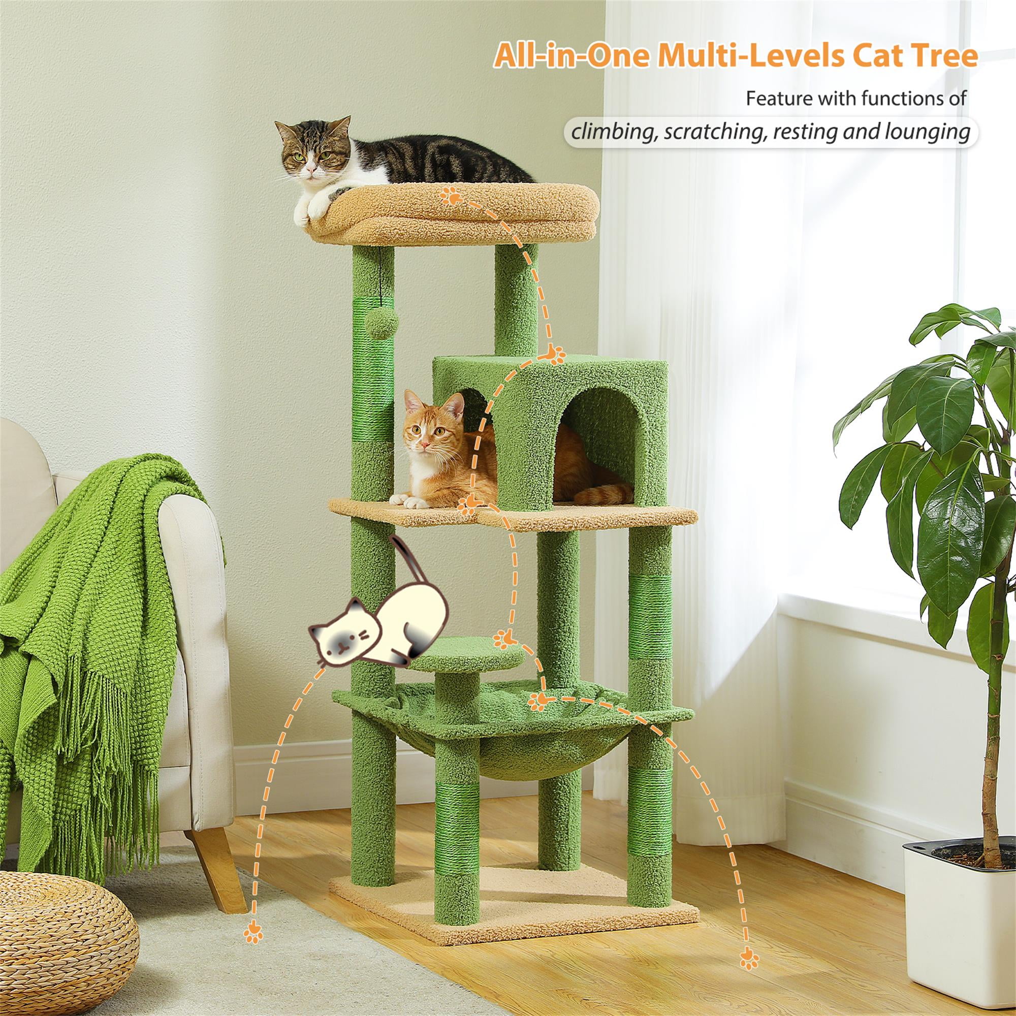 Pefilos 45" Cat Tree Tower for Indoor Cats, 5-Level Cat Condo for Large Cats with Large Hammock, Big Top Perch and 4 Sisal Covered Scratching Pos, Green Pefilos 45" Cat Tree Tower for Indoor Cats, 5-Level Cat Condo for Large Cats with Large Hammock, Big Top Perch and 4 Sisal Covered Scratching Pos, Green