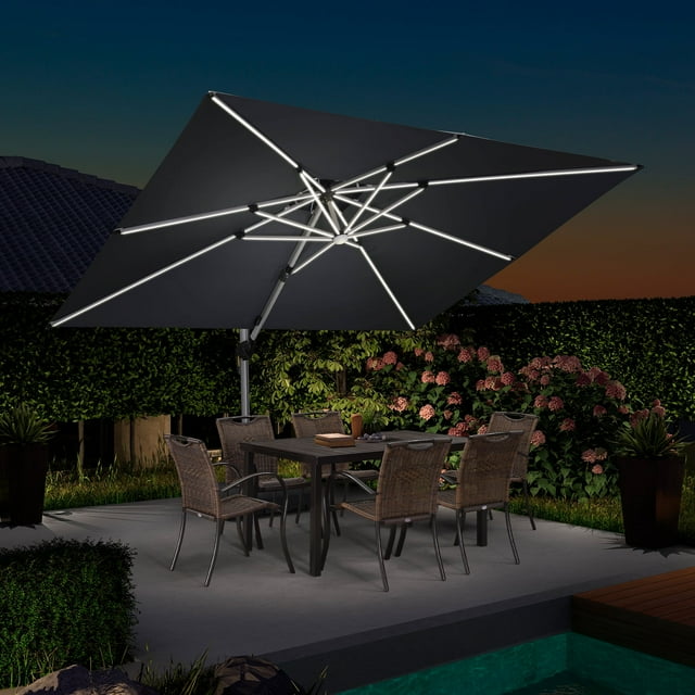 PURPLE LEAF Parasol de Patio Rectangulaire de Luxe 9 x 12 Pi à DEL Alimenté par Solar avec Base, Grand Parasol Déporté à Mât Décentré avec Rotation à 360°, Gris