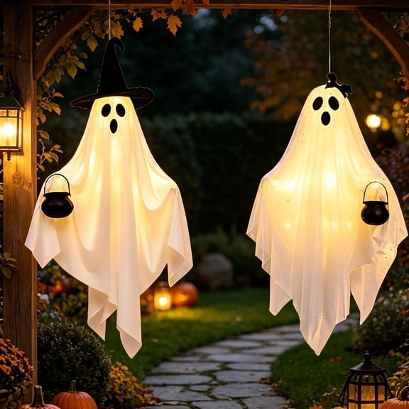 Halloween Decor Outdoor Hanging Ghost with Lights Witch Hat Candy Bucket | 2 Packs Halloween Light-Up Ghost Couple Decorations Flying Ghost Halloween Indoor Decor for Front Porch Yard Party Tree