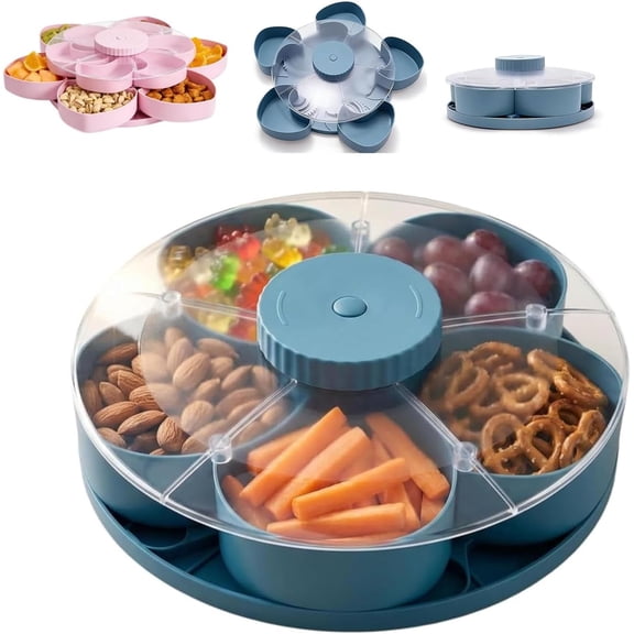 Divided Spin and Snack Serving Tray, 5-Compartment Rotating Party Platter, Snack Box Container with Lid, Multi-Compartment Food Organizer Design for Chips Nuts Dips Veggies