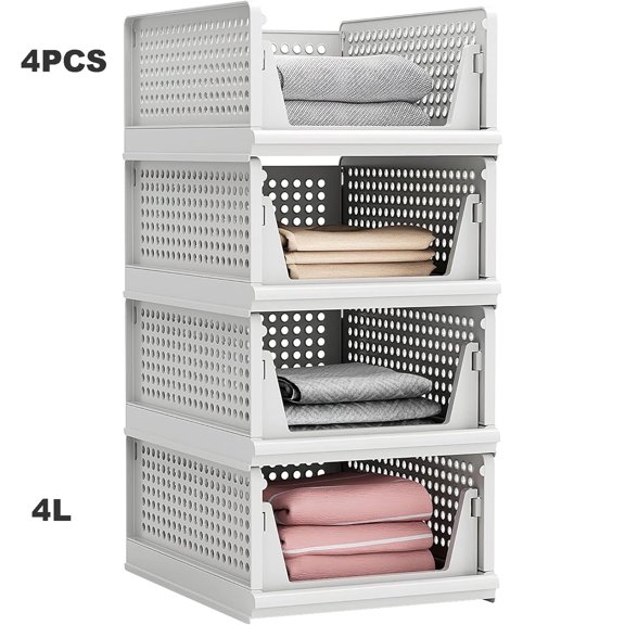 Plastic Storage Basket Closet Organizer Bin Fold-able Clothes Organizer Storage Drawer Shelf Container for Living Room Bathroom (4*L)