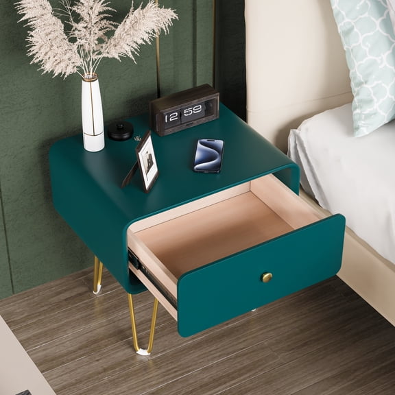 Nightstand with Drawer, Mid Century Modern Side Table Bedroom, Bedside Furniture, Night Stand, End Table -Dark green