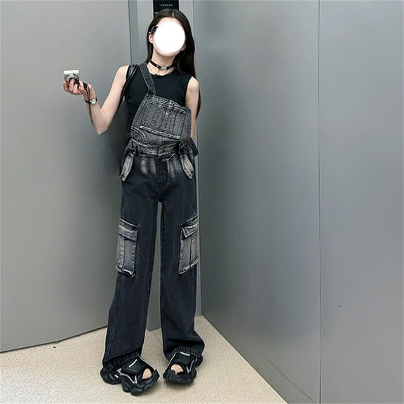 XIMIN Girls Wide Leg Denim Overalls Bib Distressed Detachable Jean Jumpsuit Baggy Elastic High Waist Jeans with Pocket Casual Comfortable (7-8 Years, Black)