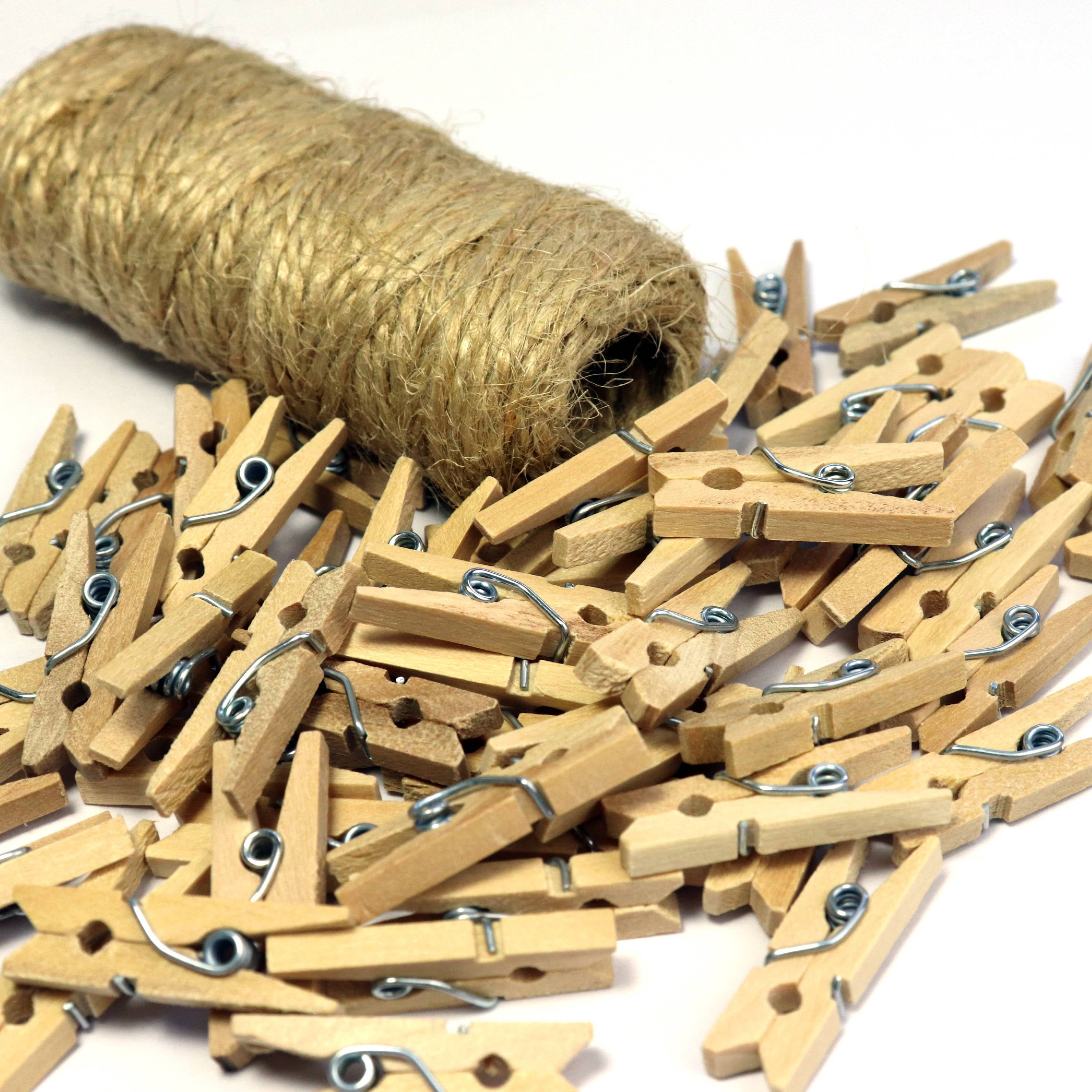 Jangostor 100 Pieces Mini Colored Natural Wooden Clothespins Multi-Function Photo Paper Peg Pin Craft Clips with Jute Twine 