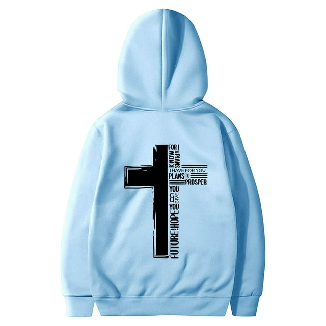 LUOGENLI Hoodies for Men Zip up with Designs Male Long Sleeve Hooded Sweatshirt Solid Color Back Print Sweatshirt Hoodies for Men Pullover Light Blue Size XL