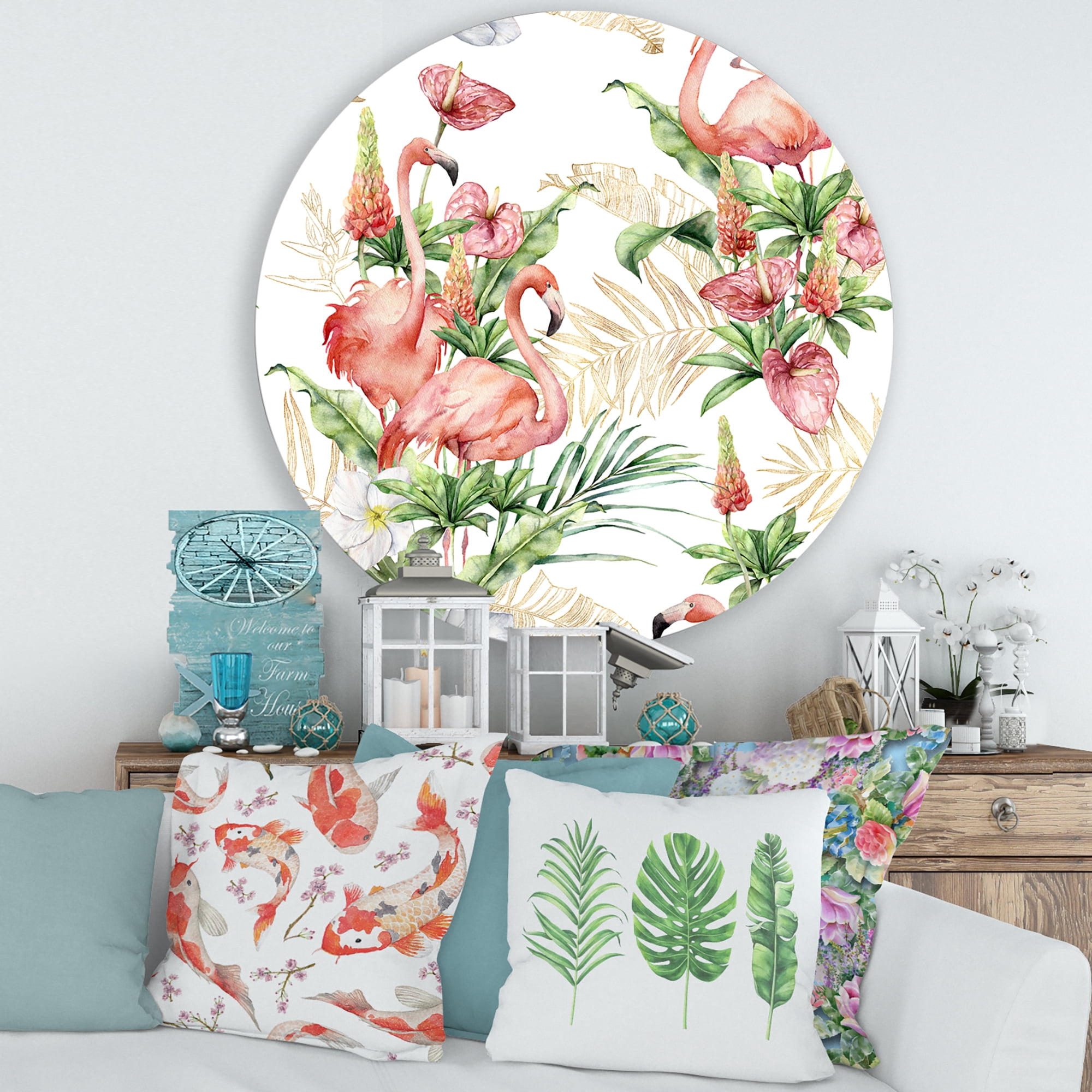 Designart 'Tropical Flowers & Gold Leaves With Pink Flamingos' Traditional Circle Metal Wall Art 36x36 - Disc of 36