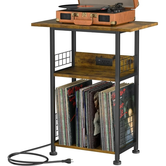 Large Record Player Stand 3-Tier Rustic Brown Vinyl Storage Table with Charging Station, Stylish Turntable Organizer for Living Room & Bedroom, Elegant Gift for Music Lovers & Vinyl Enthusiasts