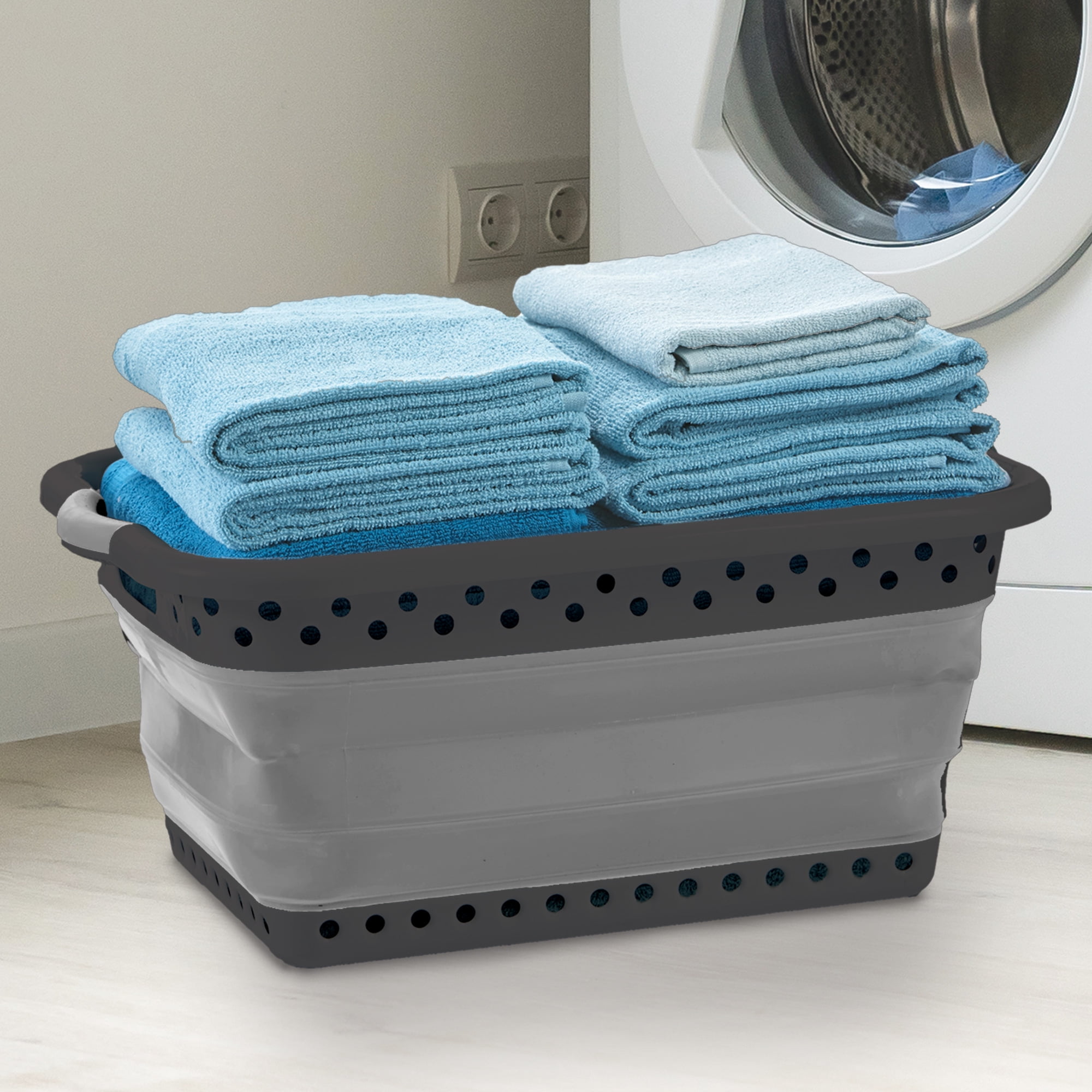 Blue Door Collapsible Laundry Basket Portable Pop Up Plastic Laundry Hamper with Dual Grip, 10.5-Gallon Black