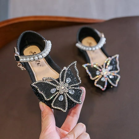 

Korean Style Baby Girl Sandals Bow Princess Shoes Butterfly Pearl Sandals Girls Sequin Dance Performance Shoes Black 25