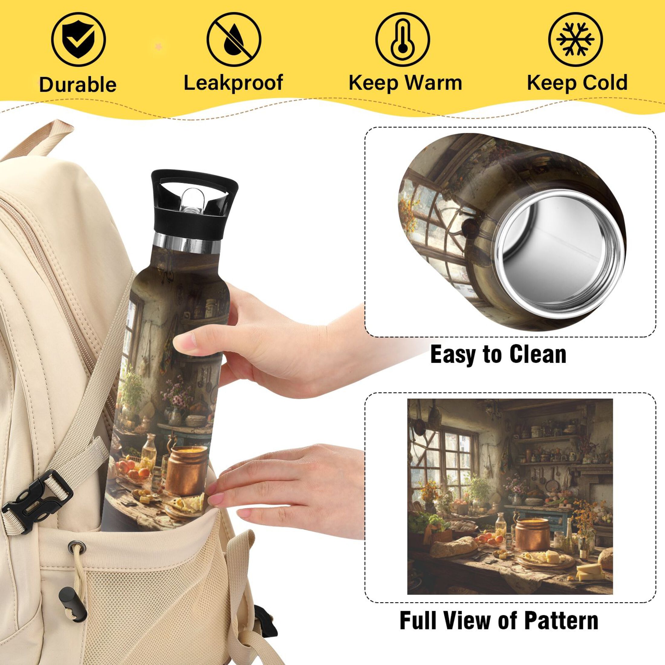Kids Insulated Stainless Steel Sports Water Bottle 600ml (20oz) Vintage Kitchen Scene