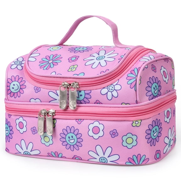 Tirrinia Double Decker Insulated Lunch Bag for Girls Teens, Thermal Lunch Box with Top Snack Compartment, Reusable Cooler Tote for School Picnic, Pink Flower