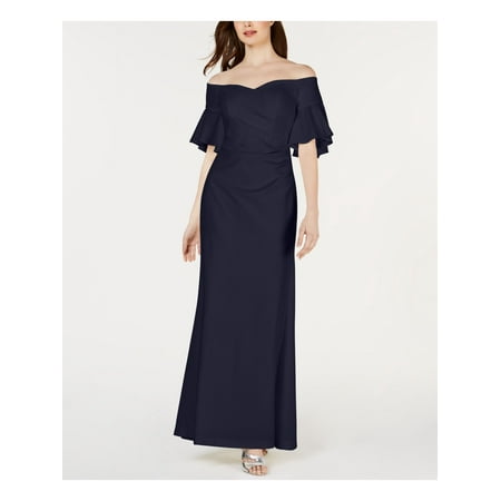 CALVIN KLEIN Womens Navy Bell Sleeve Off Shoulder Full-Length Evening Sheath Dress 6