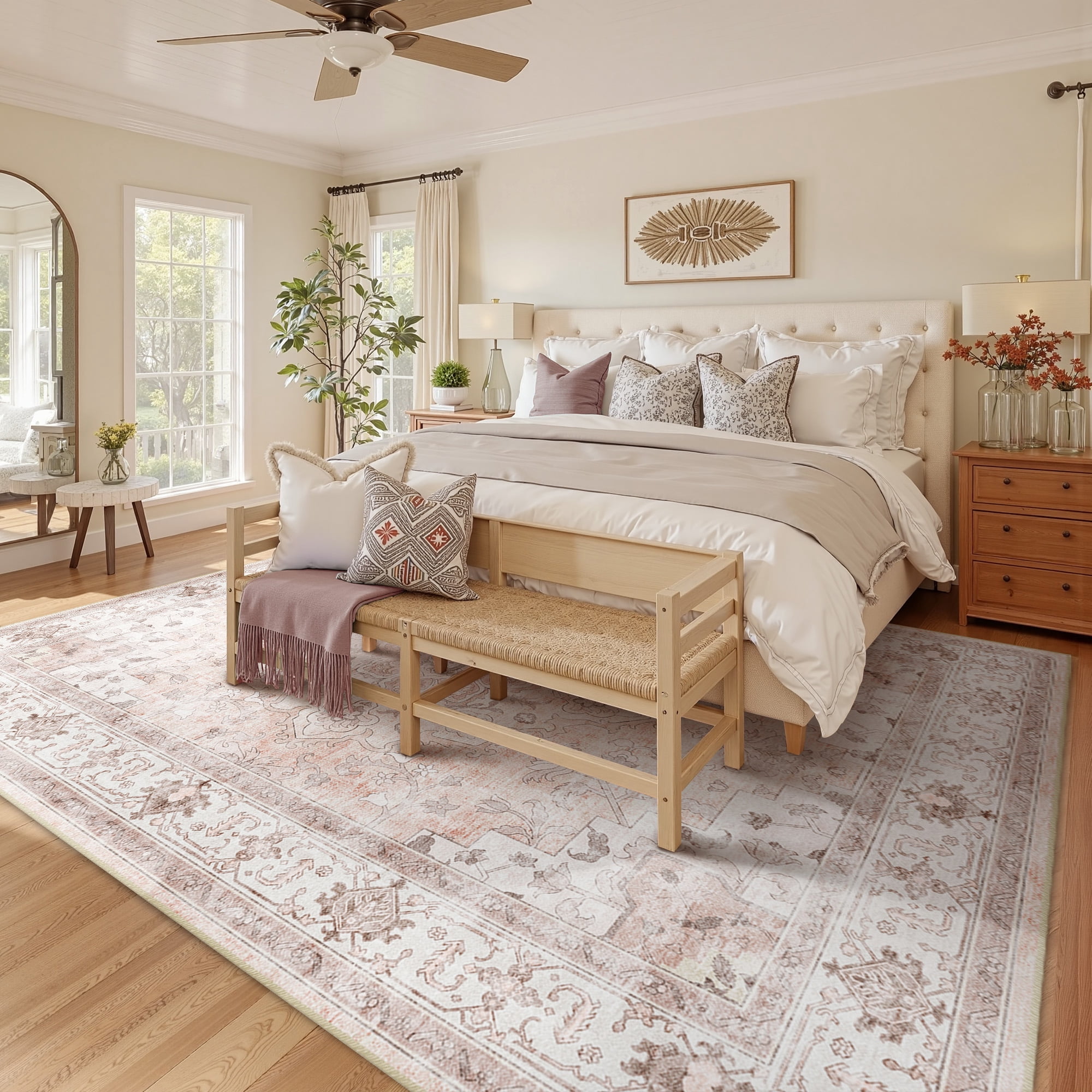 NewBuros 6'x9' Area Rugs, Machine Washable Non Slip Rugs for Living Room, Low Pile Water Repellent Soft Vintage Print Pattern Bedroom Carpet, Pink