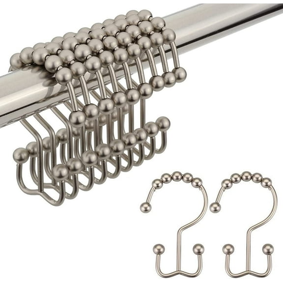 Shower Curtain Hooks Rings, Stainless Steel Shower Curtain Rings, 12Pcs Double Glide Shower Hooks for Bathroom Shower Curtain Rods Dual Rust-Resistant Shower Rings, Matte Nickel