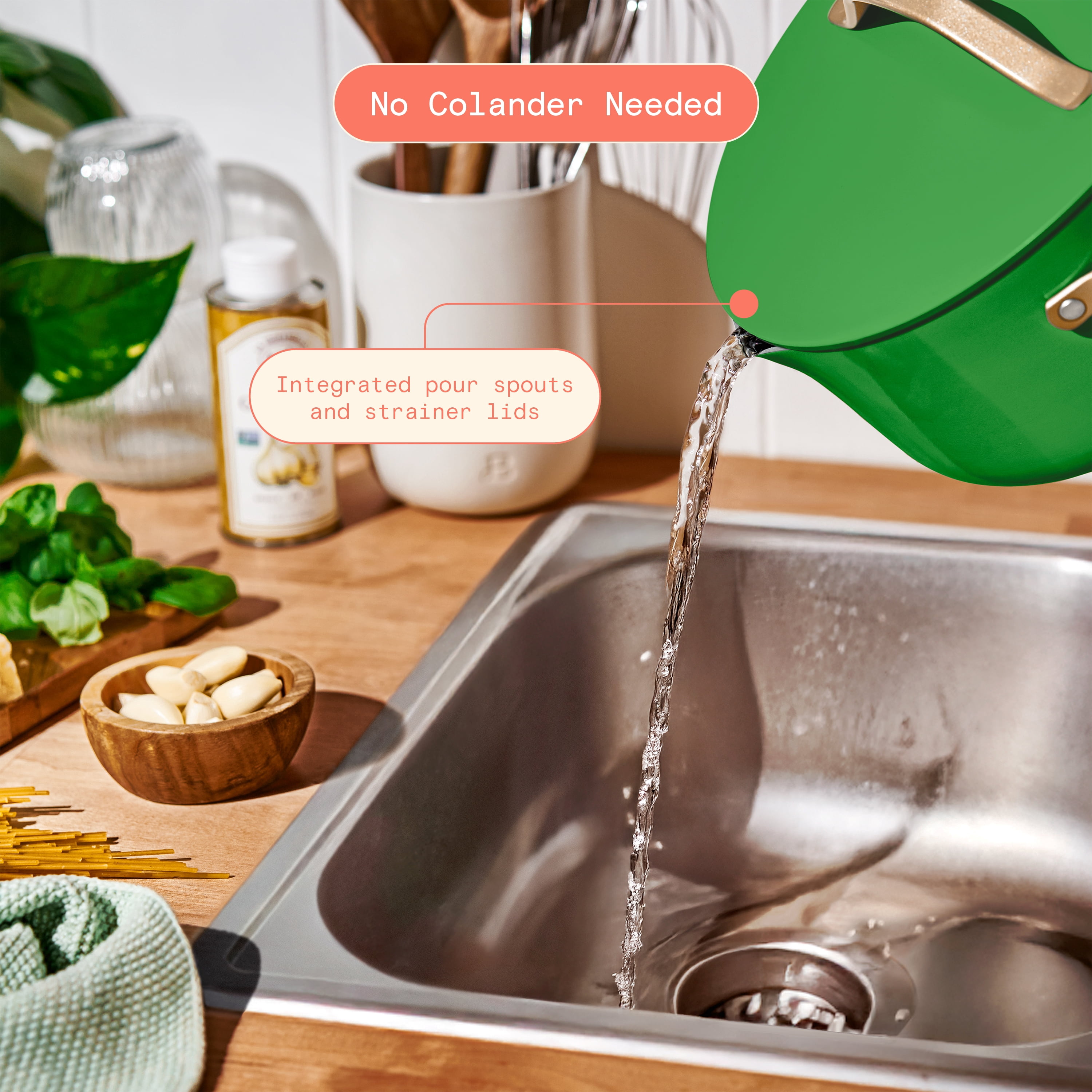 Beautiful 12pc Ceramic Non-Stick Cookware Set, Pots and Pans with Strainer Lids, Kelly Green by Drew Barrymore