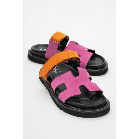 Morte - Sandalia tipo slide de gamuza naranja y rosa fucsia 24 CM