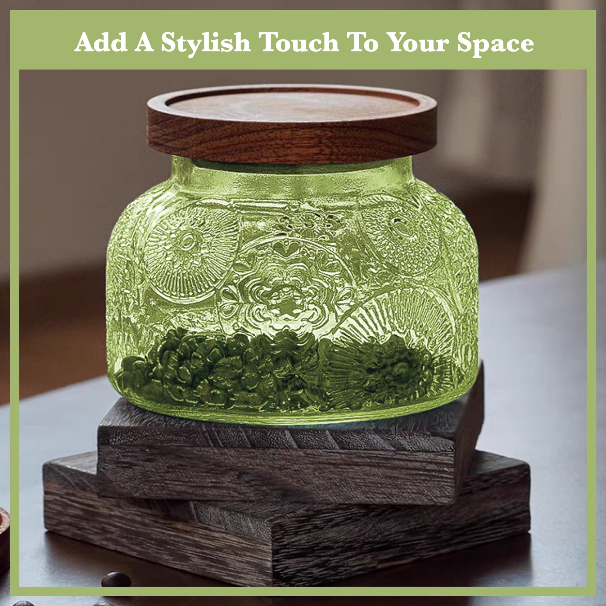 Lingshine 24.5 oz Decorative Glass Jars with Airtight Wooden Lids - Green Flower, Vintage Kitchen Food Storage Containers for Cookie Candy Spice Coffee Tea, Home Decor Candle Vase