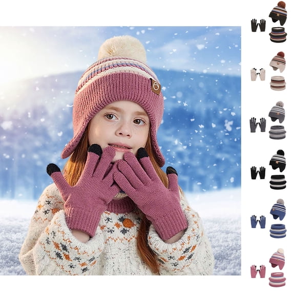 Girl Winter Hat with Ear Flaps Gloves and Scarf Set, Knitted Beanie Hat Lined Neck Warmer Mittens Set for Ages 4-10 Years Boys and Girls