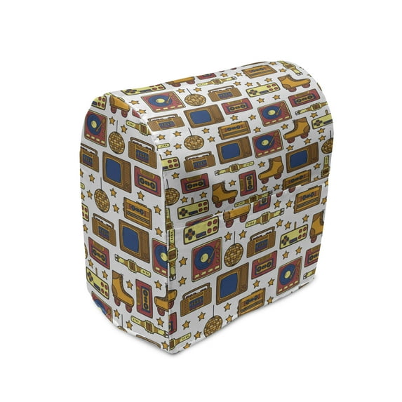 90s Stand Mixer Cover, 90s Theme with Old Style House Devices Roller Skate Shoes Fun Dance Style Retro Pattern, Kitchen Appliance Organizer Bag Cover with Pockets, 5 Quarts, Mustard, by Ambesonne