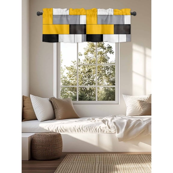 Kitchen Valances for Window, Yellow Gray Color Block Patchwork Light Filtering Rod Pocket Valance Curtain, Geometric Minimalist Art Short Curtains Window Topper for Bedroom Living Room 54x18in