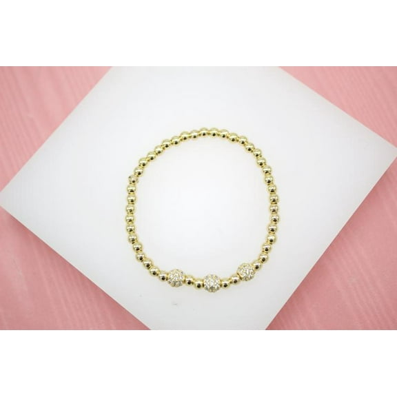 18K Gold Filled 4mm Gold Elastic Bead Bracelet With Three Round CZ Charm (I30)