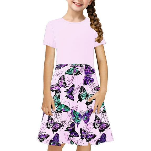 JoyHoop Girls Short Sleeve Dresses Skater Twirly Stretch A-Line Toddler Casual Swing Dress