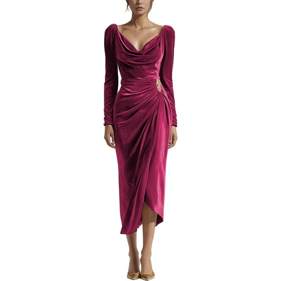 IWRICH Women's V Neck Wrap Velvet Long Sleeve Elegant Bodycon Ruched Party Maxi Dress Red XL