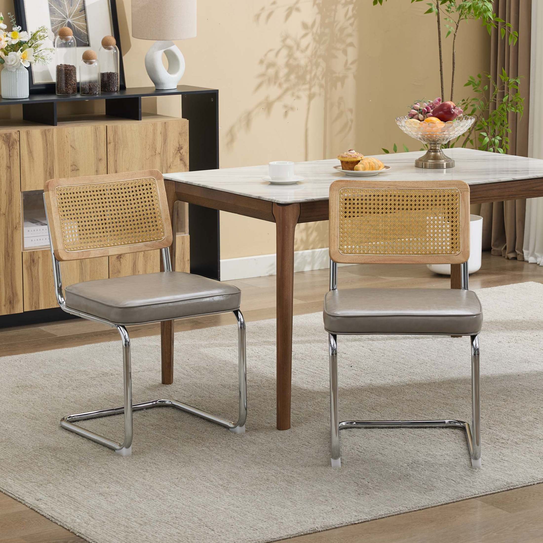 GDF Studio 23.2" Dining Chairs Set of 2 with PU Upholstery, Natural Cane Back & Chrome Metal Base, Gray