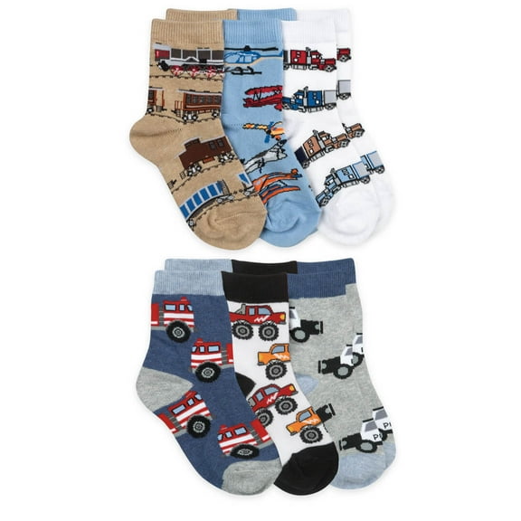 Jefferies Socks Boys Socks, 6 Pack Trucks Trains Airplanes Fire Trucks Fun Pattern Crew Socks (Little Boys & Big Boys)