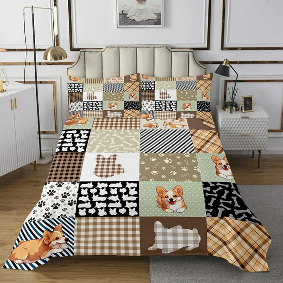 Kids Corgi Dog Bedspread Set Queen Size,Lovely Puppy Pet Bedspread Sets for Boys Girls,Kawaii Dog Print Coverlet Set,Rustic Farmhouse Patchwork Bedding Set