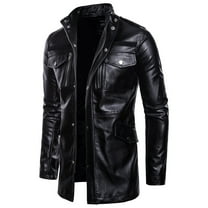 Winter!Homenesgenics Mens Jackets Men Mid-length Leather Stand-collar Four-pocket Motorcycle Black XXL