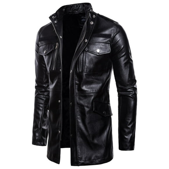 Men Mid-length Leather Stand-collar Four-pocket Motorcycle Jacket Coats