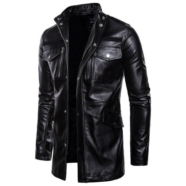Men Mid-length Leather Stand-collar Four-pocket Motorcycle Jacket Coats