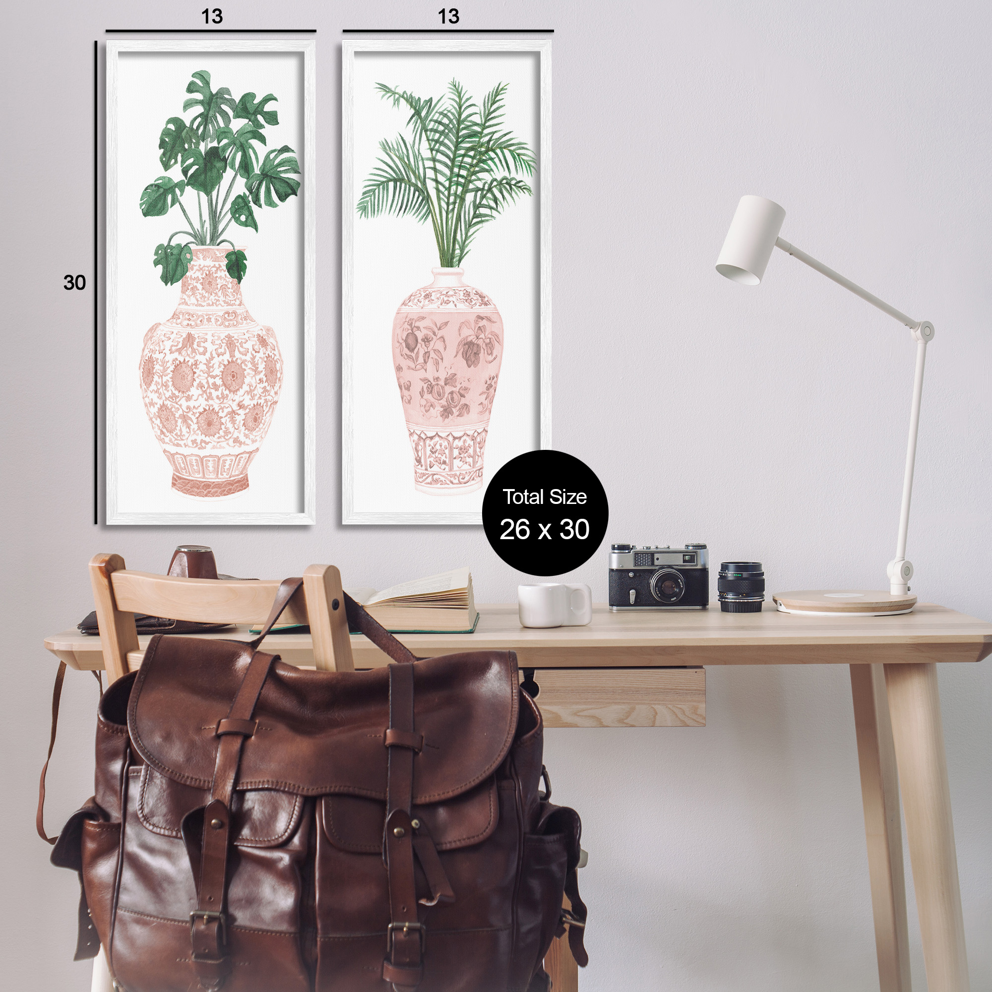 Stupell Industries Plants & Oriental Vases Botanical & Floral Painting White Framed Art Print Wall Art, 13 x 30, Set of 2