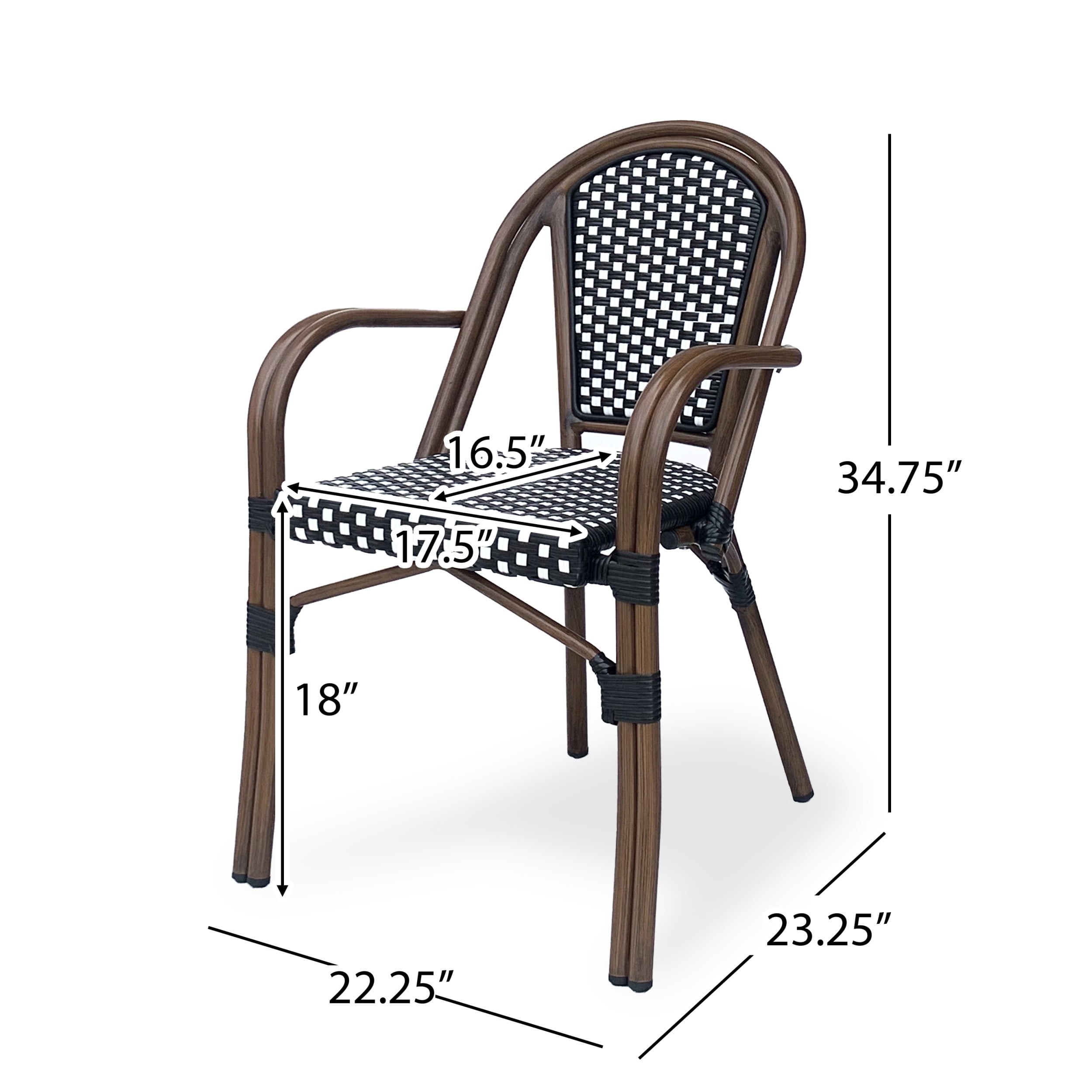 Cecil Aluminum and Wicker Outdoor French Bistro Chairs, Set of 4, Black, White, and Brown Wood