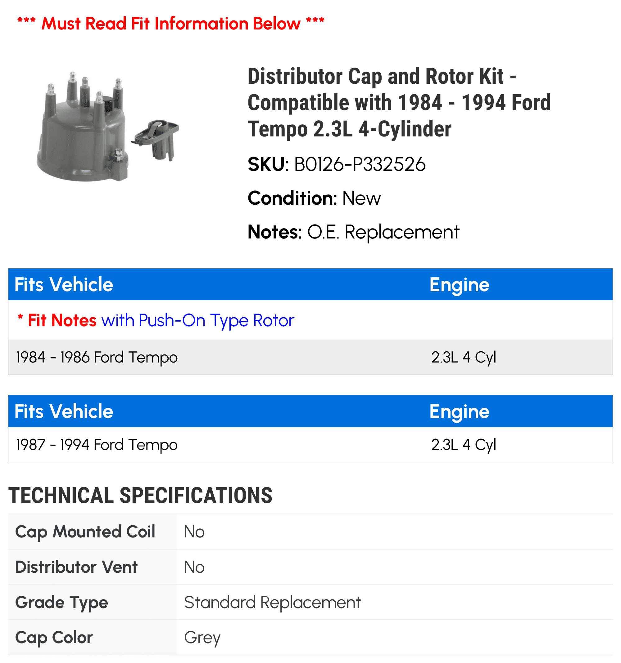 Distributor Cap and Rotor Kit - Compatible with 1984 - 1994 Ford Tempo 2.3L 4-Cylinder 1985 1986 1987 1988 1989 1990 1991 1992 1993