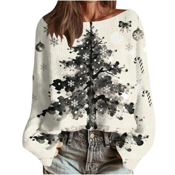 yardsong Imitation Knit Sweaters Women Reindeer - Boat Neck Long Sleeve Christmas Holiday Ugly Santa Claus Graphic Pullover Top Red,L