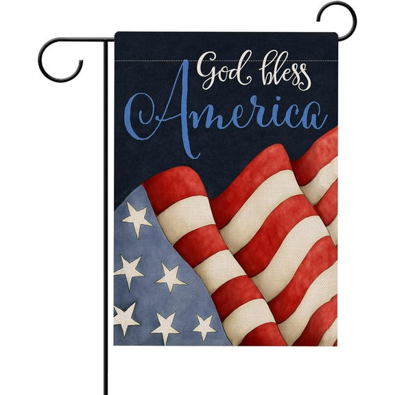 God Bless Patriotic America Memorial Day Garden Flag Double Sided July 4th Decorative House Yard Outdoor Burlap Flag, USA Red White Blue Star Stripe Decor Summer Home Outside Decoration 12.5x18