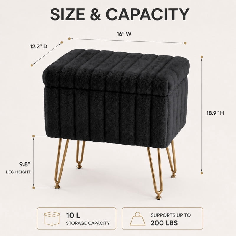 BEAUTYPEAK Vanity Stool with Storage Faux Fur Padded Makeup Ottoman with Gold Metal Legs and Adjustable Feet 18.9" Footstool, Black