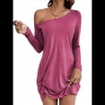 thumbnail image 1 of Tunique à une Épaule pour Femmes Manches Longues Ourlet Torsadé Robe Mini Décontractée Ample Printemps Été Rose Rouge P, 1 of 10