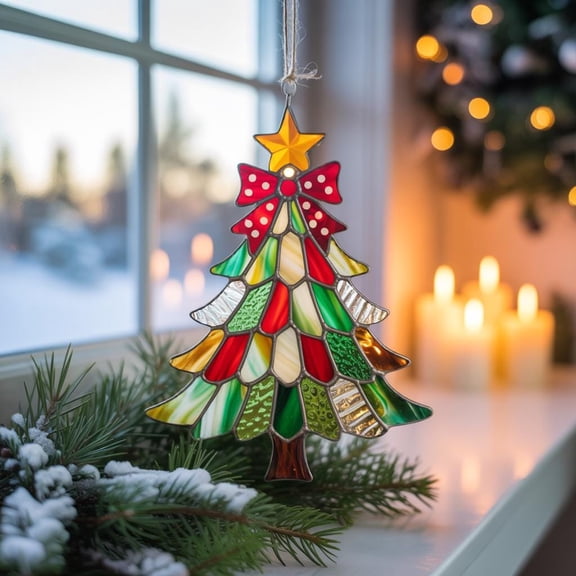 Christmas Tree Acrylic Suncatcher with Red Bow & Star Holiday Window Hanging Decoration, Festive 2025 Ornament