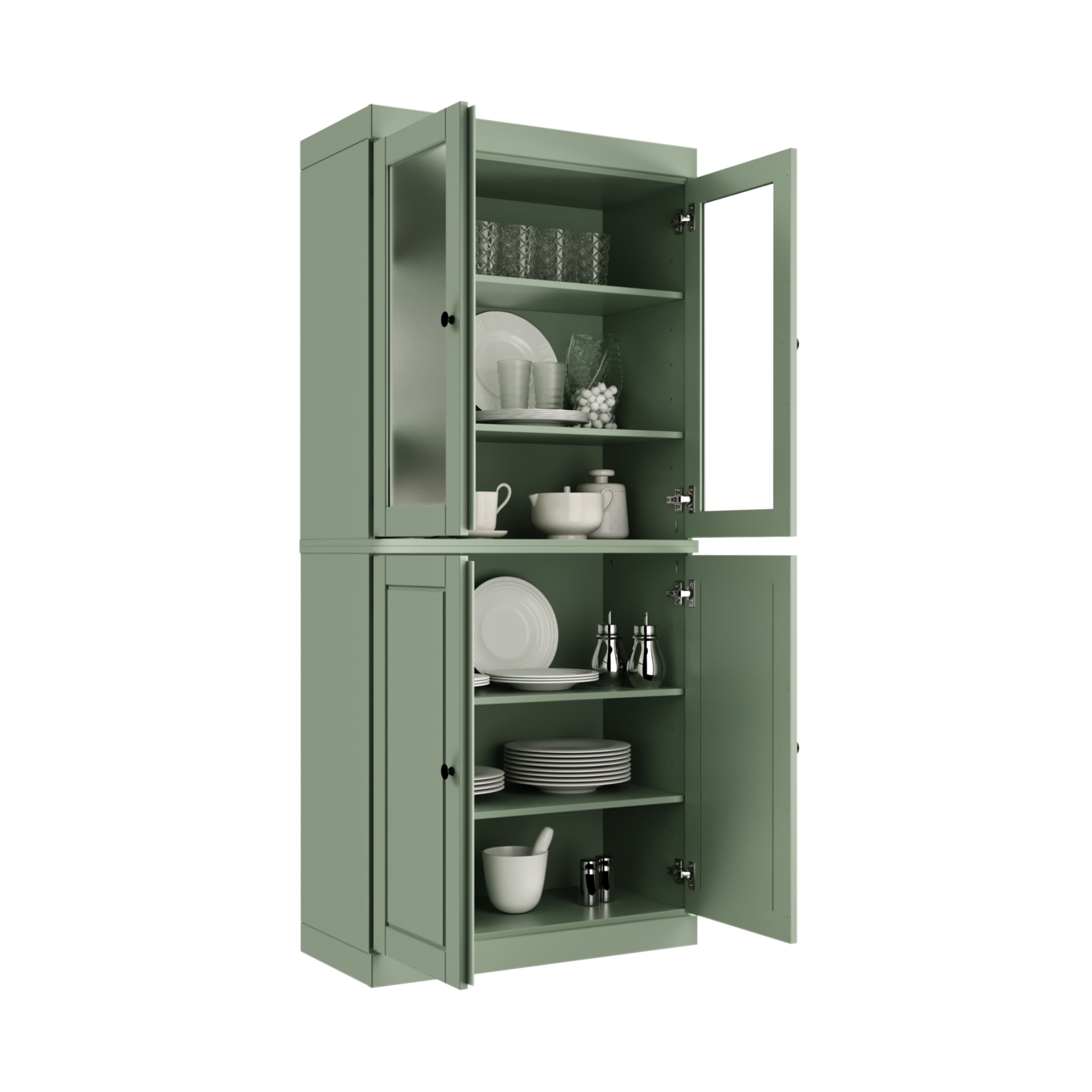 Palace Imports 100% Solid Wood 32" Pantry Cabinet with Solid, Frosted Glass Doors and Adjustable Shelves, Sage