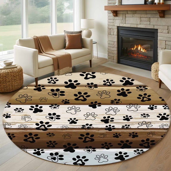 Brown Beige Blue Farmhouse Round Rug 5ft Washable Circle Kitchen Rugs Non Slip Black Dog Paw Vintage Wooden Large Area Rug Indoor Floor Carpet for Bedroom Living Room Home Office Dining Room Nursery