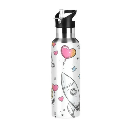 

600/1000ML Stainless Steel Sport Water Bottle with Straw Lid Leak Proof Vacuum Insulated Mug for Outdoor Activities Cycling Running & Walking Cute Astronaut Clipart