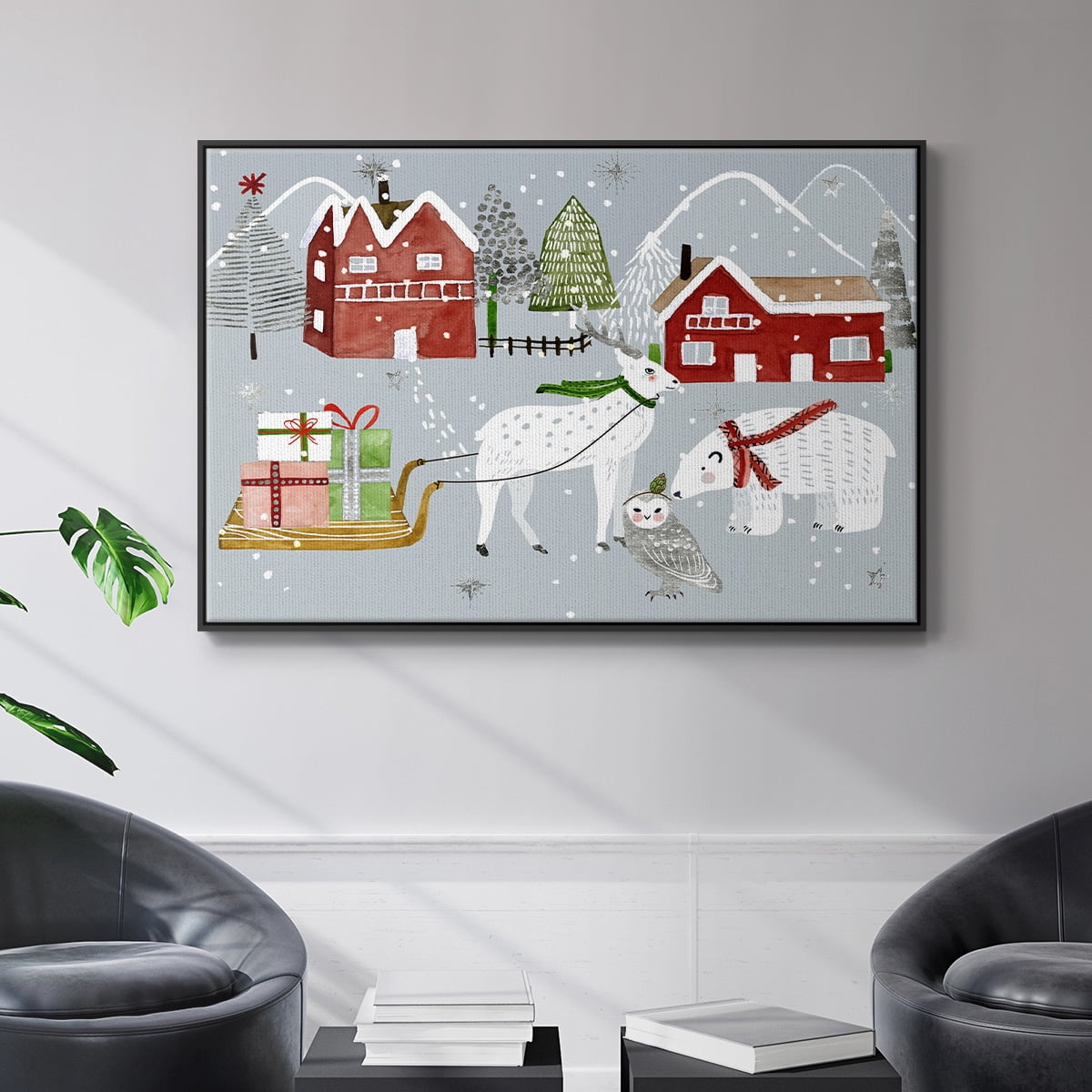 Stars and Snowflakes Collection A - Framed Gallery Wrapped Holiday Canvas - 25 x 37 - Black Frame