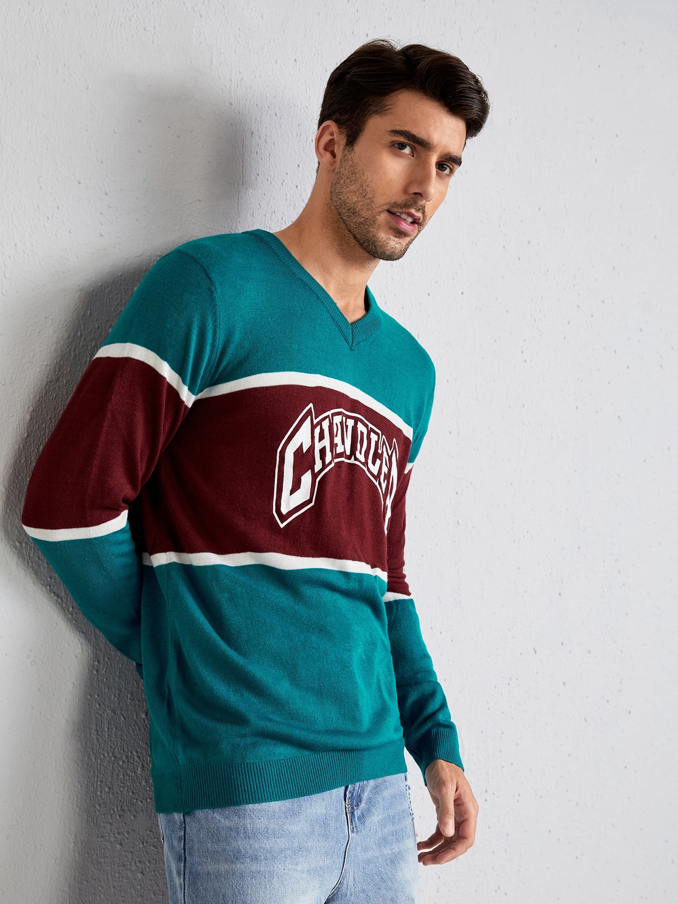 Men Letter Pattern Colorblock Sweater 