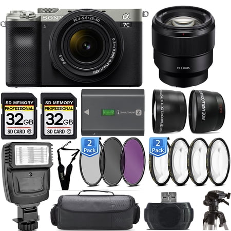 Sony a7C Mirrorless Camera (Silver) with 28-60mm Lens+85mm f/1.8 Lens +Flash- Kit