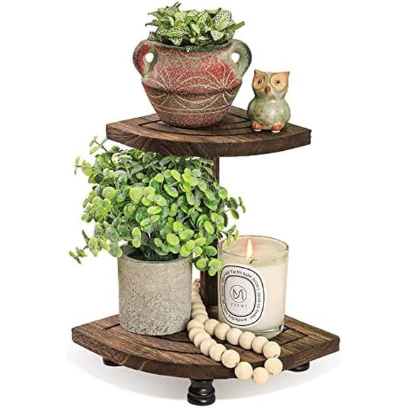 Decorative Wood Riser for Display, 2-Tier Rustic Corner Shelf for Kitchen Bathroom Counter Decor, Farmhouse Riser for Soap Dispenser and Plant (Brown)