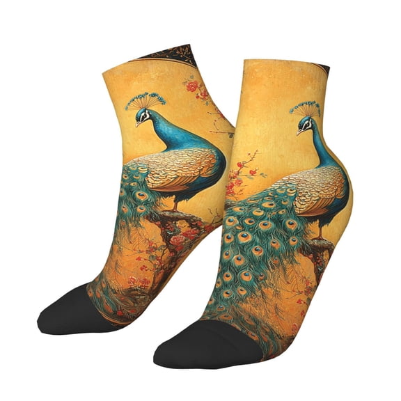 Low Cut Unisex Novelty Crew Socks Casual Ankle Socks for Men Women, Retro Chinoiserie Oriental Peacock